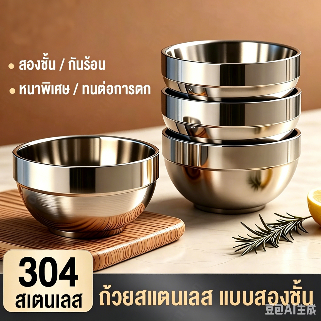ถ้วยสแตนเลส ชามสแตนเลสสองชั้นสไตล์เกาหลี ขนาด 12/14/16/18/20CM ชามใส่ข้าว ใส่ซุป-