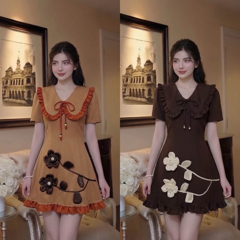 (หน้าผ้าตรงไซส์ ยาว 33“) เดรสสั้น ผ้าวอม คอปก แต่งปักดอก 3d สวยน่ารัก งานป้าย chalita