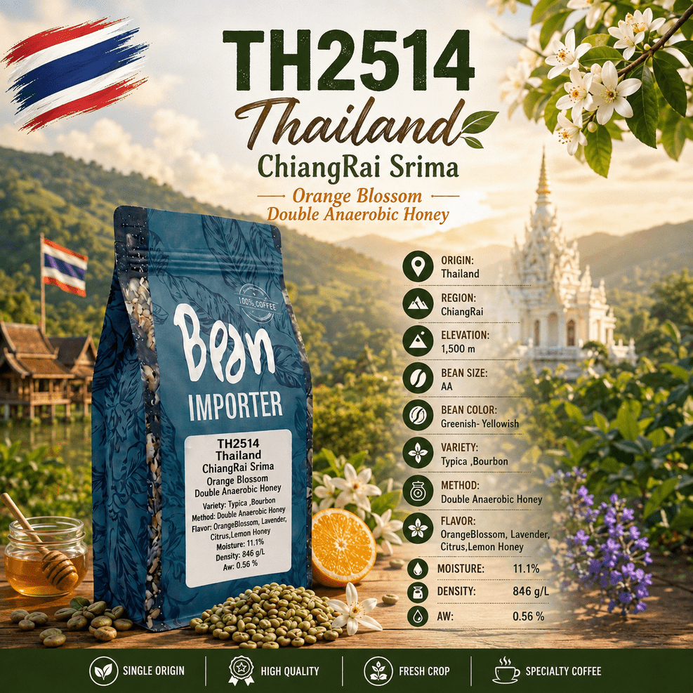 สารกาแฟ/เมล็ดกาแฟดิบ/Green bean (TH2514) /กาแฟไทย เชียงราย ChiangRai Srima Orange Blossom Double Anaerobic Honey - 1Kg.