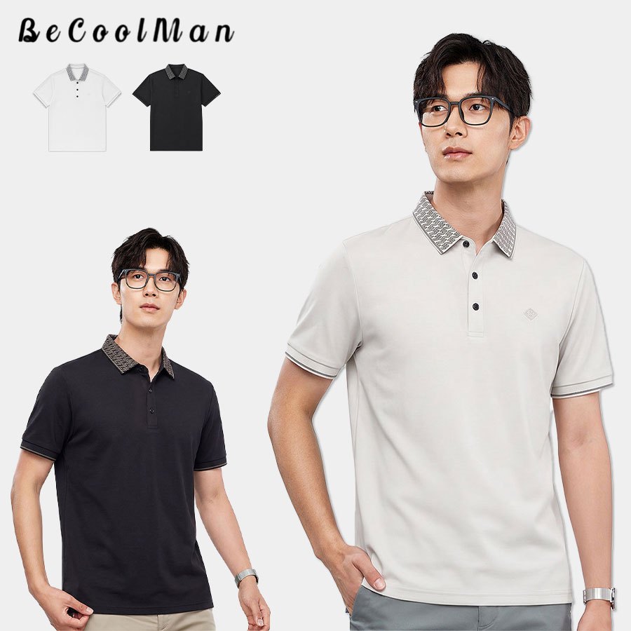 BecoolMan เสื้อโปโลชาย ปกเสื้อพิมพ์ลาย สีล้วน เสื้อเชิ้ตแขนสั้นลำลอง ลำลองธุรกิจ เสื้อผ้าพ่อวัยกลางคน ฤดูร้อนเย็น