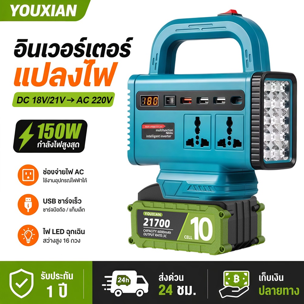 YOUXIAN อินเวอร์เตอร์ 21V แปลงไฟเป็น AC 180-220V กำลังไฟสูงสุด 150W USB Type-C ไฟ LED สำหรับแคมป์ปิ้งและงานกลางแจ้ง