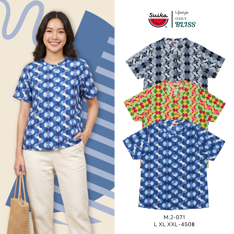 เสื้อแตงโม (SUIKA) - เสื้อแตงโมคอจีนผ่าหน้าแขนสั้นพิมพ์ลายดอกไม้  (M.J-320 071 319)
