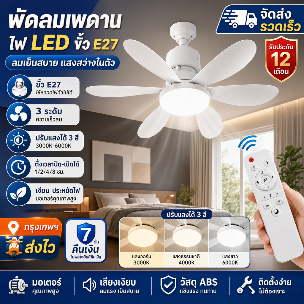 40W E27 ไฟพัดลมเพดาน LED ถอดออกได้ ปรับแสงได้ ไฟพัดลมติดเพดาน พร้อมรีโมท พัดลมเพดานไร้เสียง 6 ใบพัด