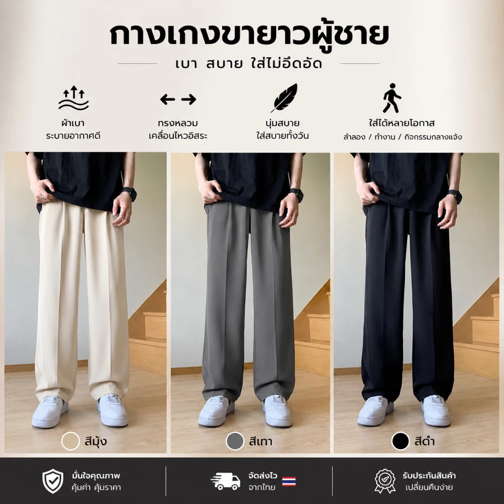 กางเกงขายาวชาย สไตล์เหมาะกับการแต่งตัวหลากหลาย บาง หลวม ระบายอากาศได้ดี ผ้ามีความนุ่มสบาย สามารถยืดหยุ่นได้ K648