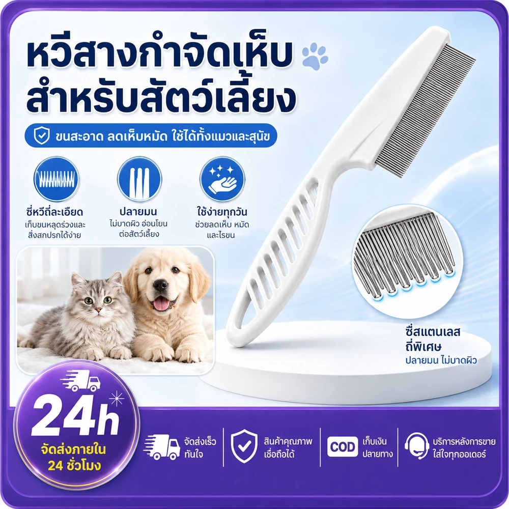 PETWELL หวีสางเห็บหมัด หวีสเตนเลส ก้านหวีถี่มาก สําหรับกําจัดหมัดขนสัตว์เลี้ยง สุนัข แมว