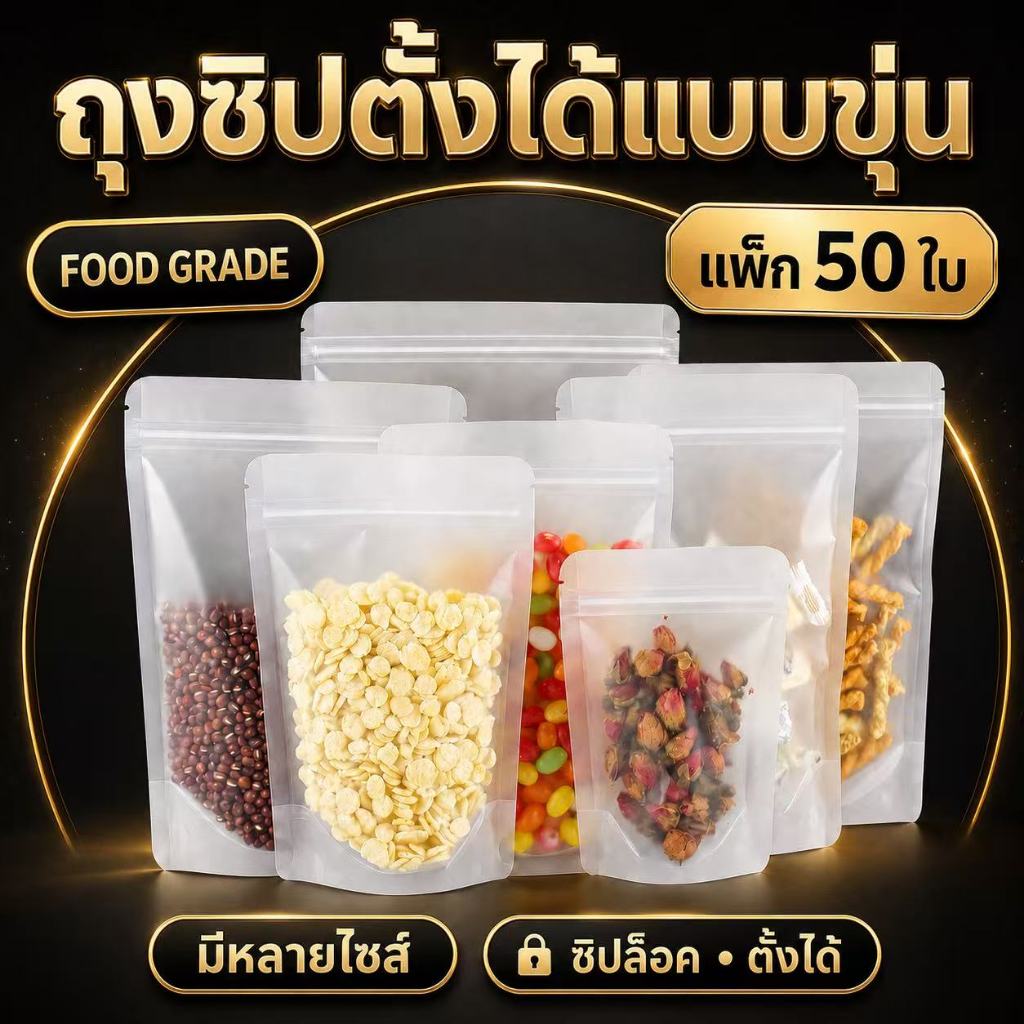 ราคาส่ง (50ใบ) ถุงซิปใสขุ่นตั้งได้ ถุงใสขุ่น ถุงใส่อาหาร ซองใส่อาหาร ของ ถุงใส่ขนม ส่งฟรี Stand-up zip bag