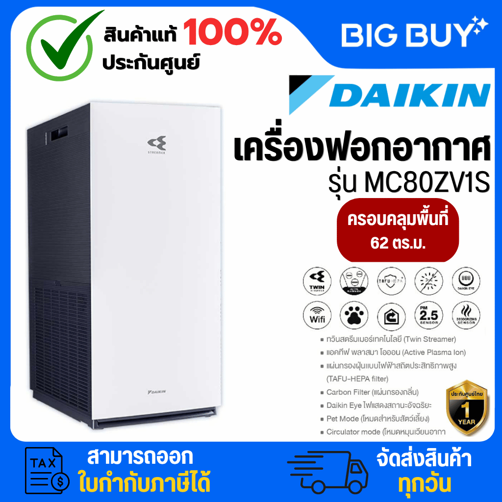 Daikin  เครื่องฟอกอากาศ รุ่น MC80ZV1S สำหรับห้องขนาดไม่เกิน 62 ตร.ม.
