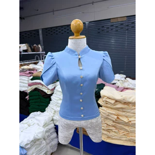 เสื้อไหมลาว เนื้อผ้าฝ้าย ฝ้ายสีฟ้า วันแม่สไตล์สาวเหนือ สินค้าพร้อมส่ง(✅ได้แต่เสื้อ)