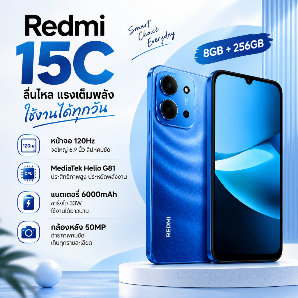 Redmi 15C 8GB+256GB หน้าจอ 6.9 นิ้ว 120Hz AI Camera 50MP แบตเตอรี่ 6000mAh ชาร์จเร็ว 33W