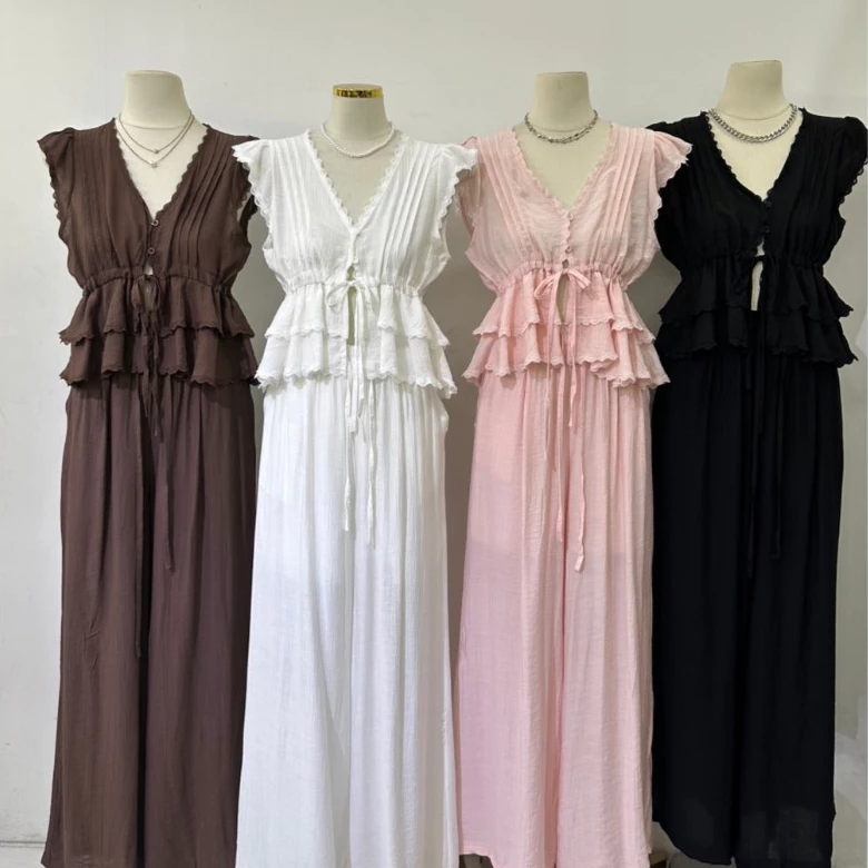 B712 | เซตเสื้อระบายผูกเอว + กางเกงขายาว ลุคหวานละมุน ใส่แล้วดูตัวเล็กสุดๆ
