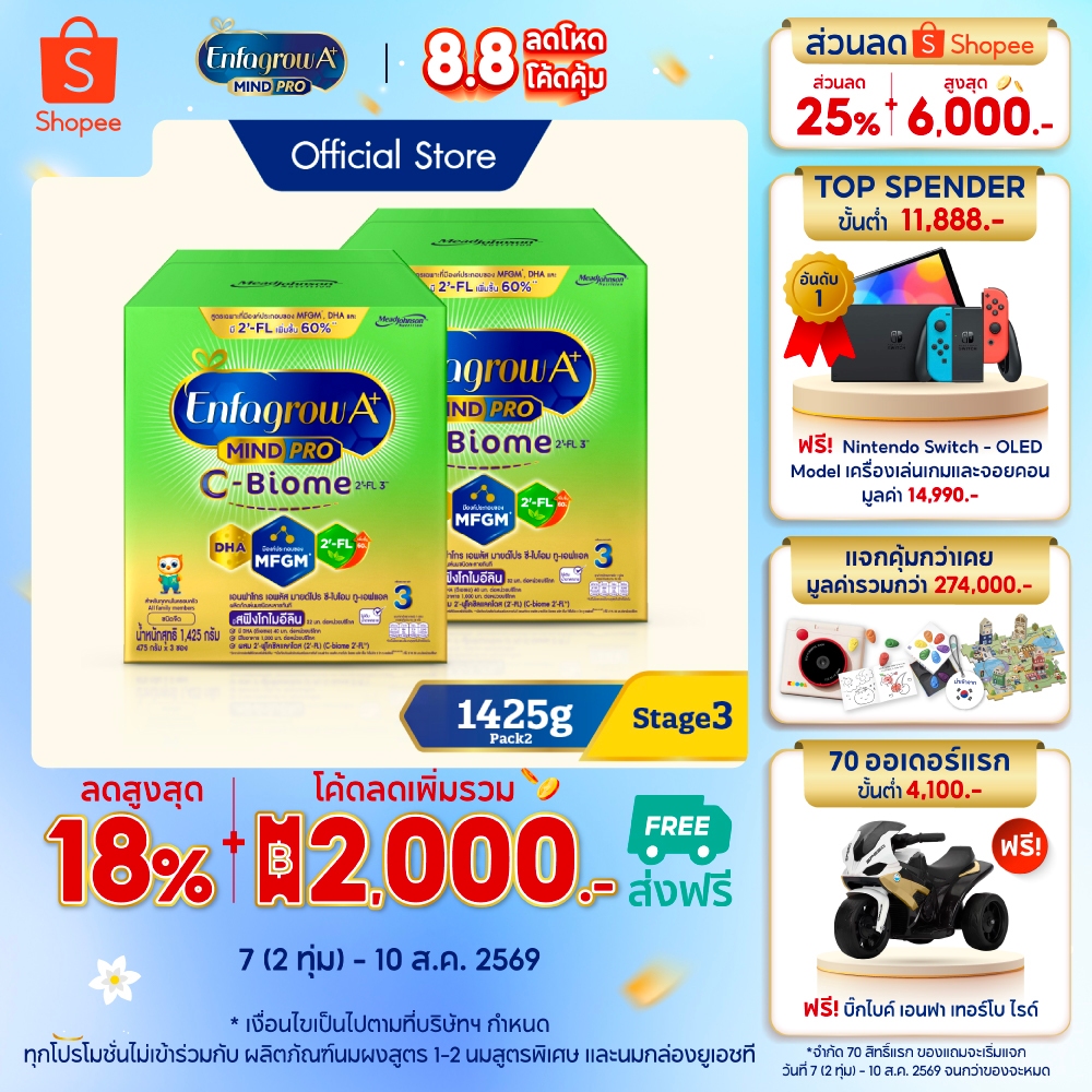 นมผง เอนฟาโกร เอพลัส ซี-ไบโอม สูตร3 (1425 กรัม) x2 กล่อง Enfagrow A+ MindPro C-Biome Stage3 (1425 g) x2 packs