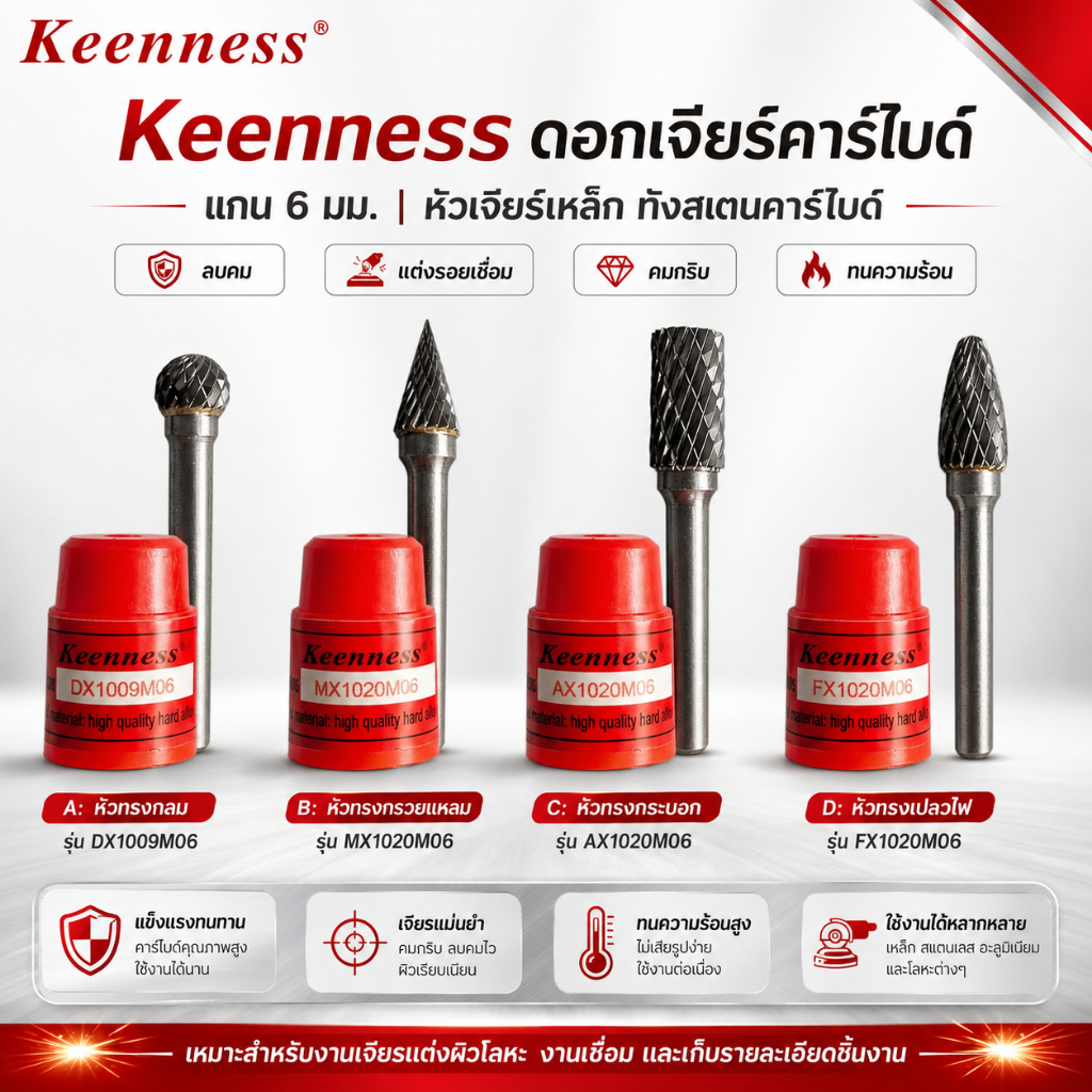 Keenness ดอกเจียร์คาร์ไบด์ แกน 6 มม. หัวเจียร์เหล็ก ทังสเตนคาร์ไบด์ ลบคม แต่งรอยเชื่อม คมกริบ ทนความร้อน