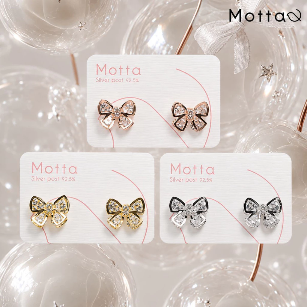 Motta Earring ต่างหูติดหูชุบทองคำขาว ดีไซน์งานโบว์เพชรเล่นแสงสะดุดตา