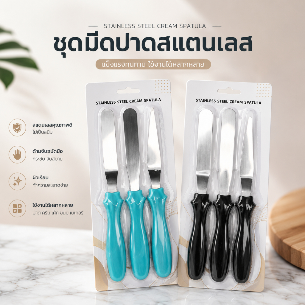 สเปตูลา สแตลเลส ชุด 3 ชิ้น สุดคุ้ม !! Spatula stainless steel 3 Pcs. ตักเค้ก แต่งเค้ก เบเกอรี่ เบเกอรี่โฮมเมด ได้ทั้งชุด