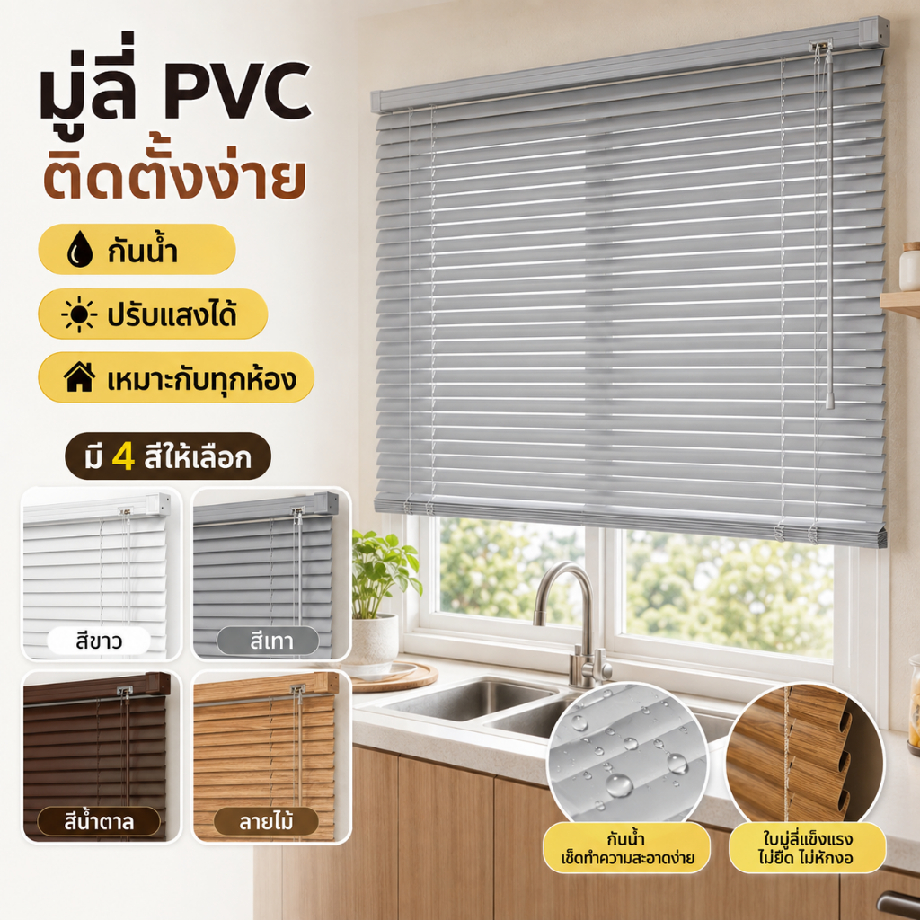 ม่านพับ ม่านบังแดด PVC กันน้ำ มู่ลี่ มู่ลี่ลายไม้ ใบ25mm มู่ลี่ไวนิลพีวีซี ติดตั้งเองได้ง่ายๆ Blinds