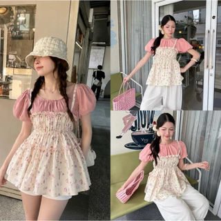 (อก 30-42) เสื้อเอี๊ยมทูโทนเป็นชิ้นติดกัน แขนพองบอลลูนน่ารัก สาวอวบใส่ได้อกถึง 42 นิ้ว
