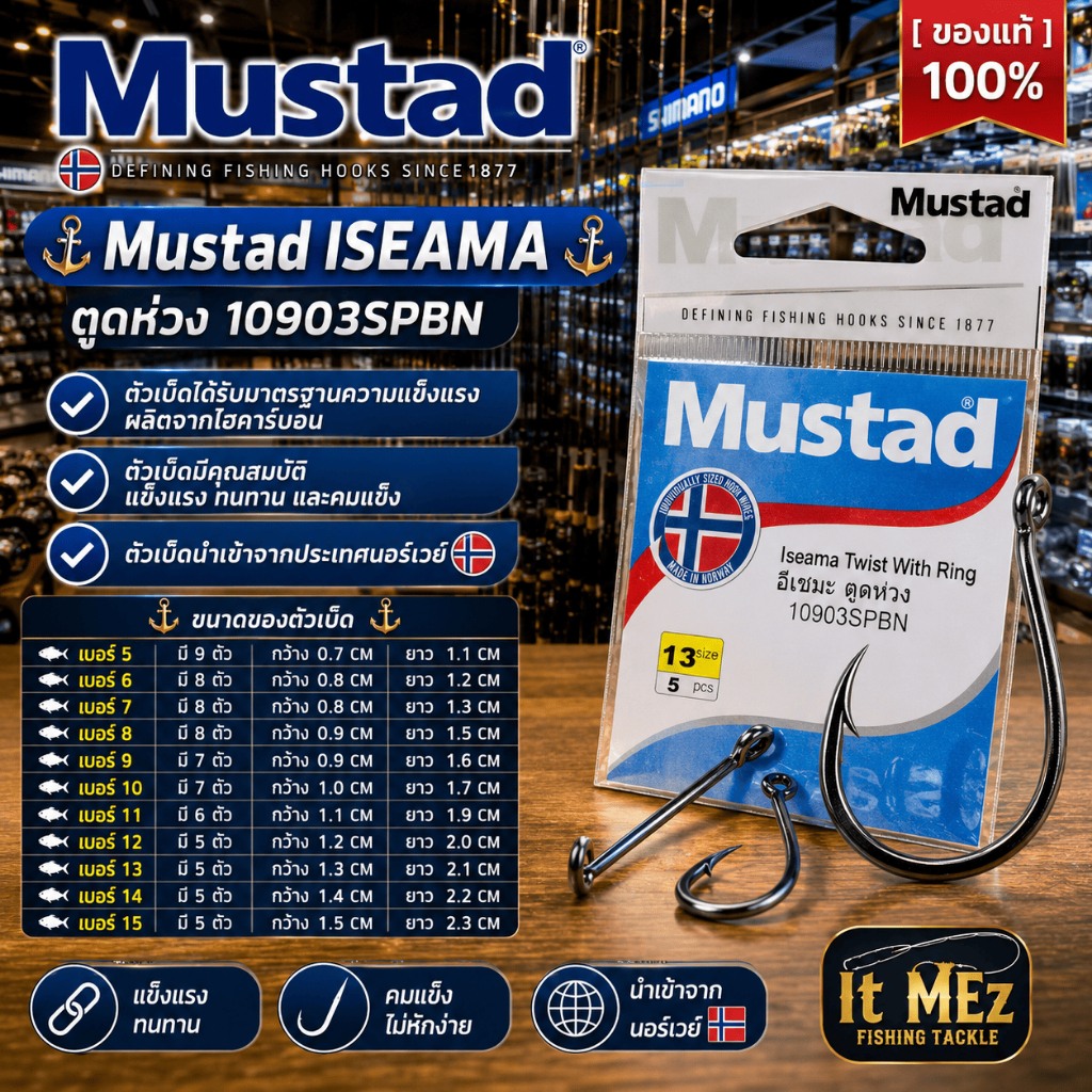 [ รับตรงจากบริษัท ] ตัวเบ็ด Mustad ISEAMA 10903SPBN ตูดห่วง ตะขอเบ็ดไฮคาร์บอน นำเข้าจากนอร์เวย์ คม แข็งแรง เบอร์ 5-15