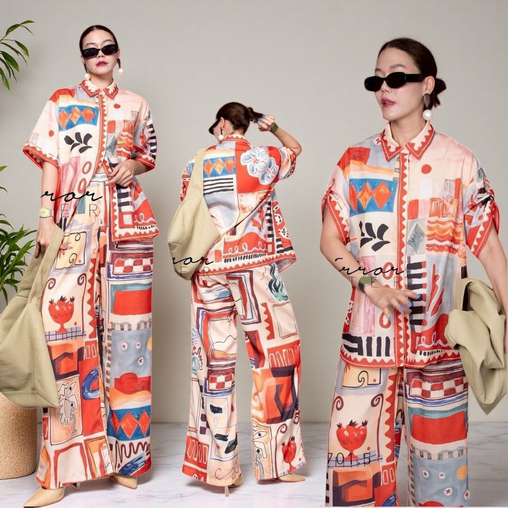 MirrorsisteR 60701.5 เซตเสื้อเชิ้ตแขนสั้นคู่กางเกงขายาว ลายสุดชิค