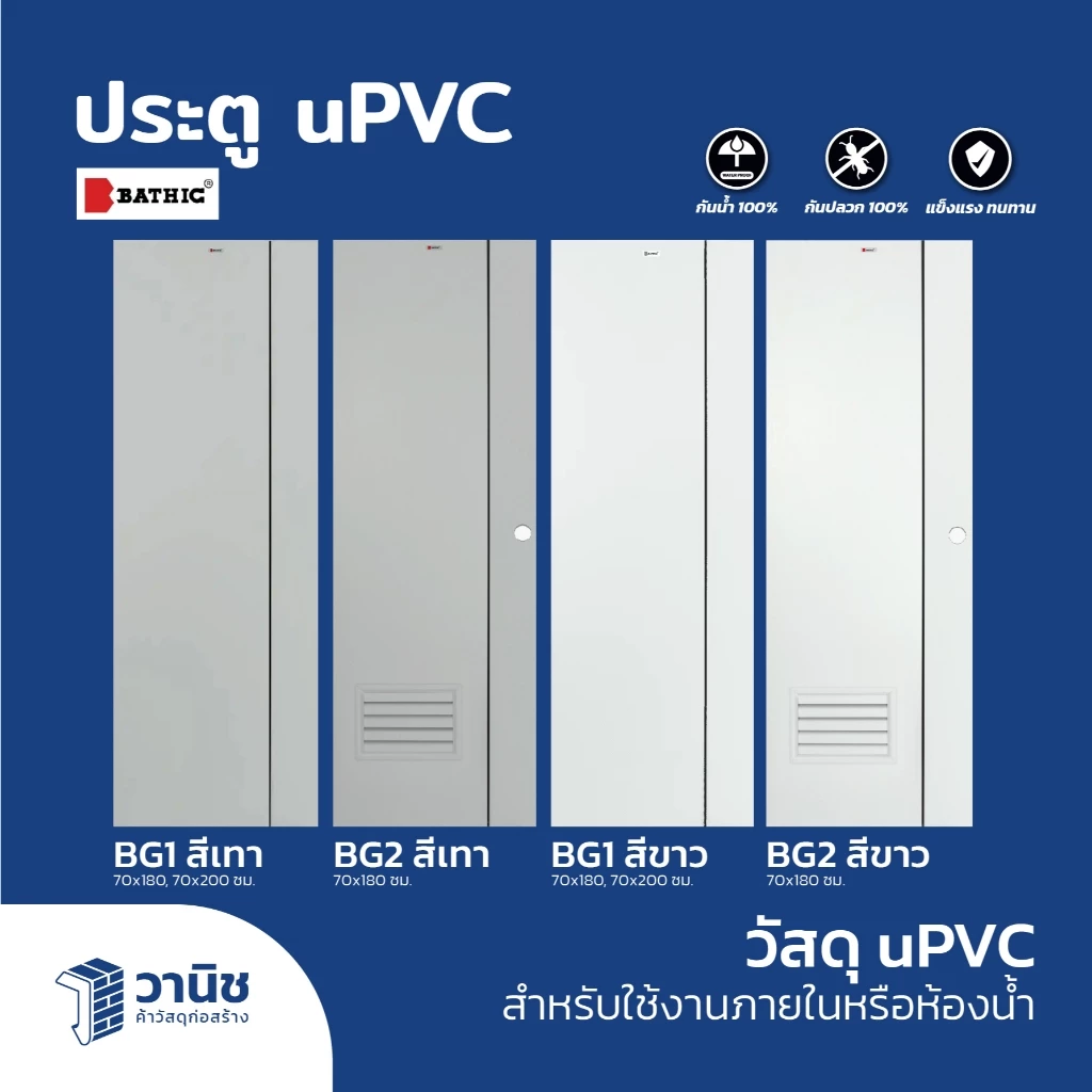 (ส่งDHL) ประตู uPVC Bathic 70x180,70x200 ซม. รุ่น BG1 แบบเจาะ,แบบไม่เจาะลูกบิด | กันน้ำ 100% ใช้งานภายใน/ห้องน้ำ