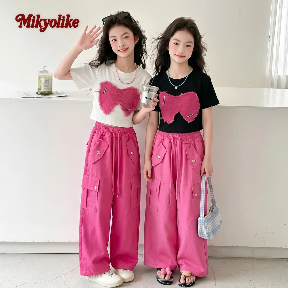 Mikyolike 2-18 อายุ สไตล์เกาหลี ชุดเซ็ทเด็กแฟชั่น กางเกงคาร์โก้เด็ก เสื้อยืดลำลอง านุ่มใสสบายฯ กางเกงขายาวเด็ก