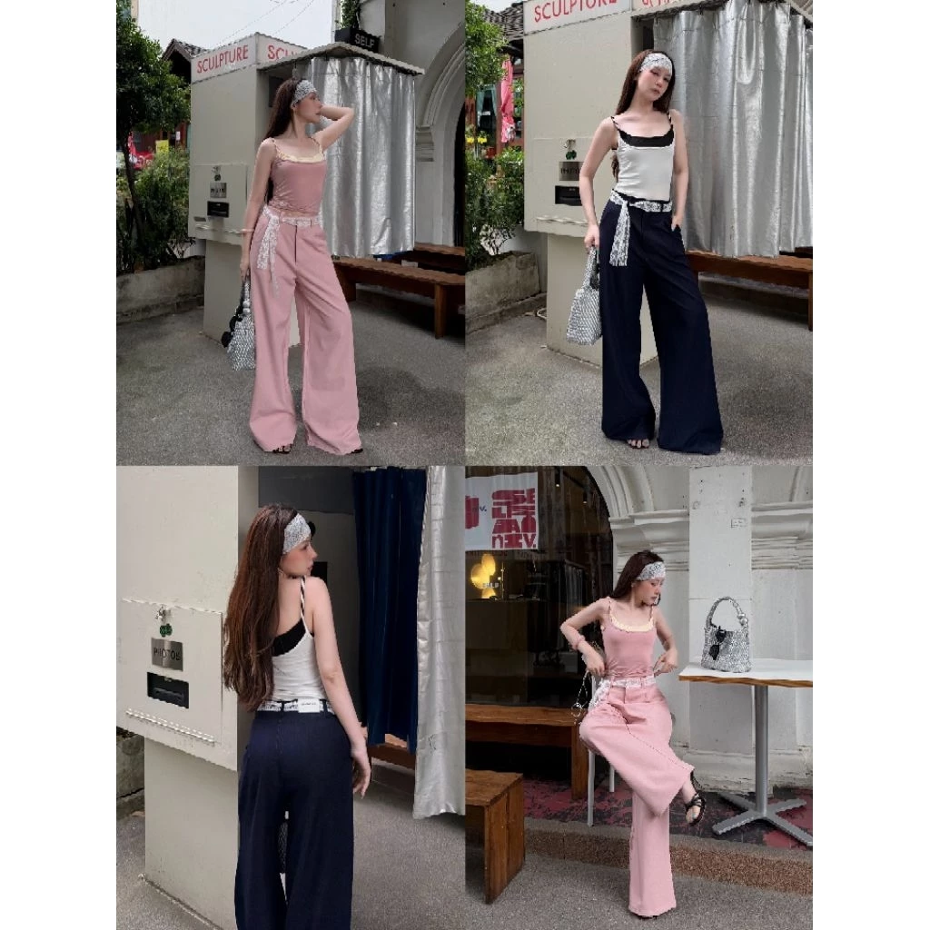 NEW COLLECTION LUNA LACE PANTS กางเกงขากระบอกใหญ่แต่งเข็มขัดลูกไม้