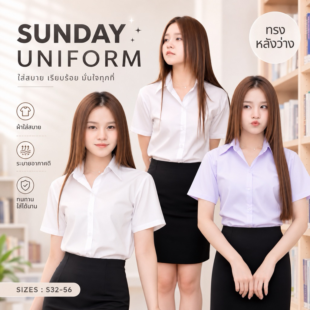 เสื้อนักศึกษาเข้ารูป เสื้อนักศึกษาแขนกระบอกสั้น หลังว่าง-ไม่ตีเกร็ด สีขาวนวล สีขาวโอโม่ (ทรงอาชีวะถูกระเบียบ)