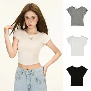 HELLDUL T0004 เสื้อครอปแขนสั้นปีกผู้หญิง ทรงรัดรูปคอกลม มีหลายสี ผ้านุ่มฤดูร้อน พร้อมส่งไทย