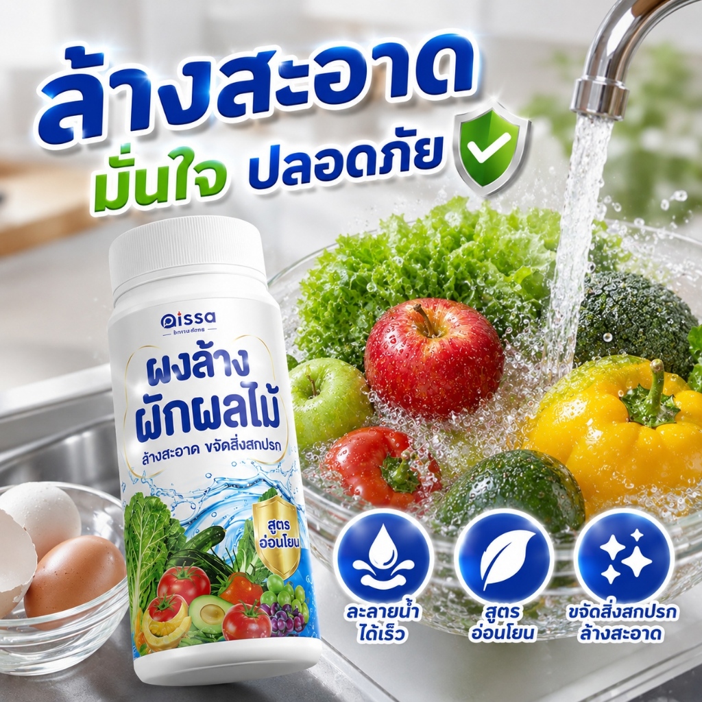 ผงล้างผักผลไม้ ล้างผัก ผลไม้ และเปลือกไข่ได้ขจัดสิ่งสกปรก ล้างสะอาด ใช้งานง่าย สูตรอ่อนโยน ใช้งานง่าย ละลายน้ำได้เร็ว