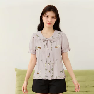 Glucoat | [A872] เสื้อคอบัวสีม่วงแขนตุ๊กตา ปักลายดอกไม้ พร้อมเชือกผูกโบว์ กระดุมหน้าใช้งานได้จริง