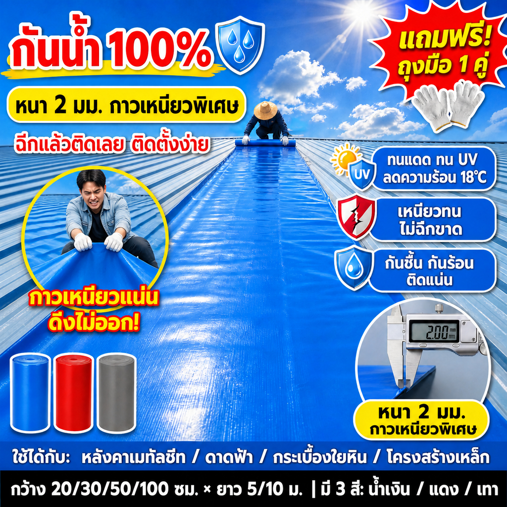แผ่นกันซึม PE หนา 2mm เทปกันน้ำรั่ว หลังคารั่ว ฉนวนกันความร้อน ฉนวนลดเสียง มีกาวในตัวติดตั้งง่าย เทปกาวกันน้ำ3สี