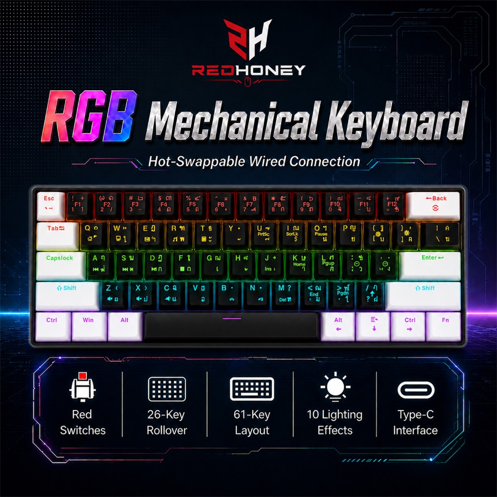 Redhoney คีย์บอร์ดเกมมิ่ง ปุ่มไทย/อังกฤษ คีย์บอร์ด61ปุ่ม  คีย์บอร์ดLED MagnesiumRGB