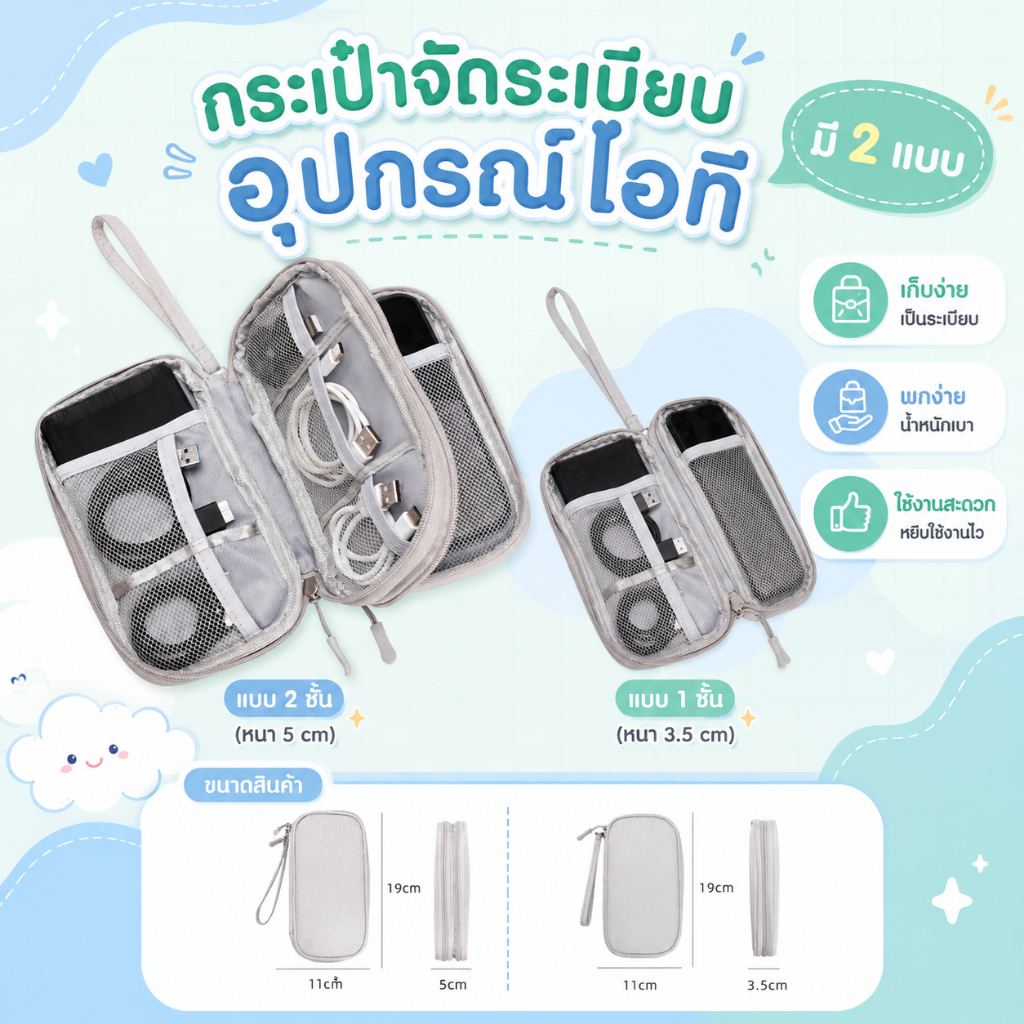 กระเป๋าจัดเก็บสายชาร์จ Cable Organizer ใส่สายชาร์จ หูฟัง เมาส์ USB อะแดปเตอร์ พกพาสะดวก กันกระแทก