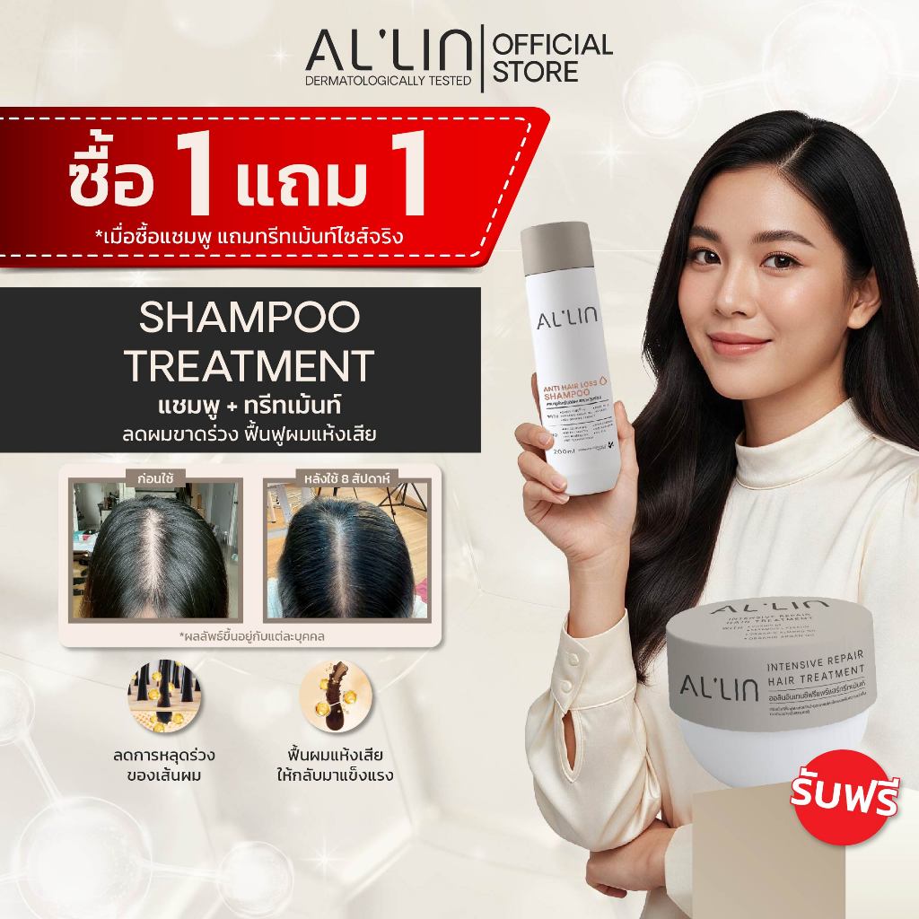 [ซื้อ1แถม1][แชมพู1ทรีทเม้นท์1] ออลิน แชมพู สำหรับผมร่วง 200 มล. ด้วย Cressatine Bioecolia โสมแดง เคราตินและน้ำมันอาร์แกน