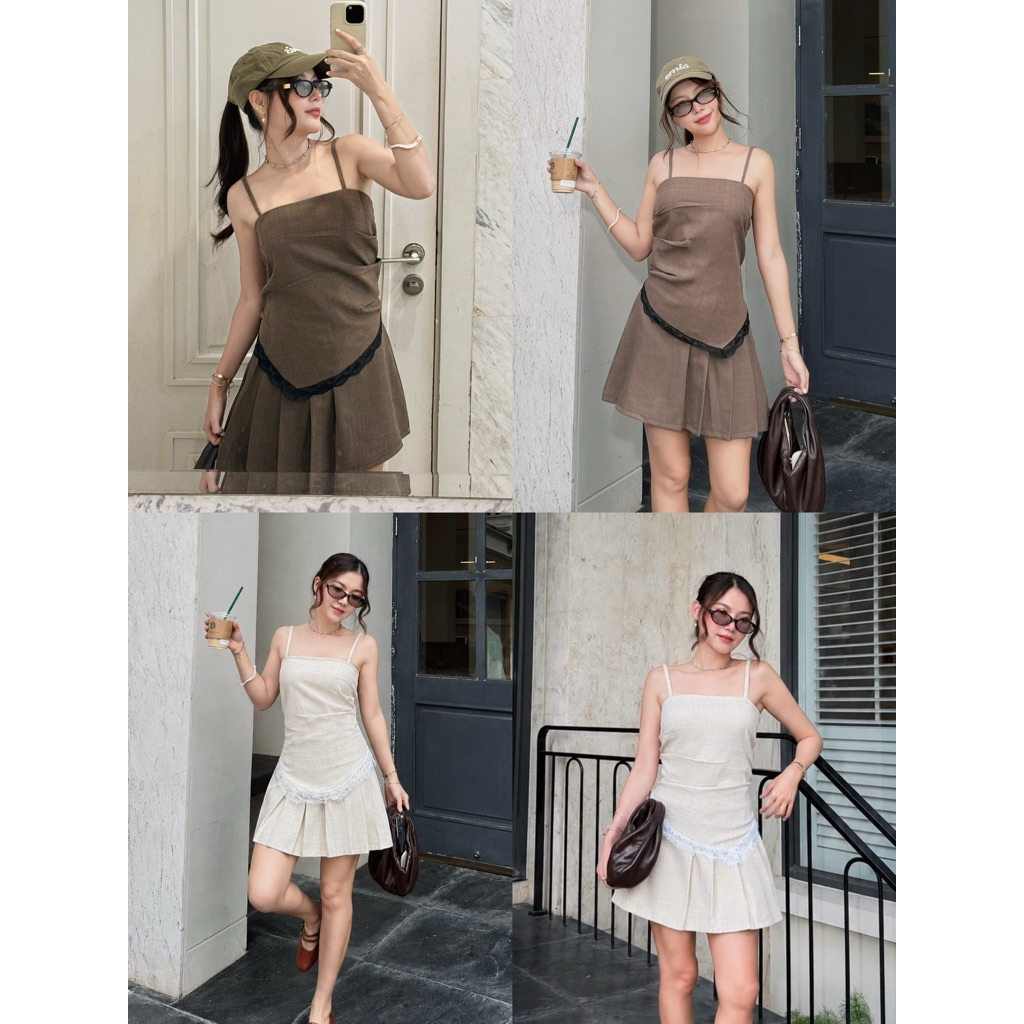M302-Lace Trim Cami Set ชุดเซ็ตสายเดี่ยว + กระโปรงสั้น แต่งลูกไม้ ผ้าลินิน สไตล์เกาหลี Old Money