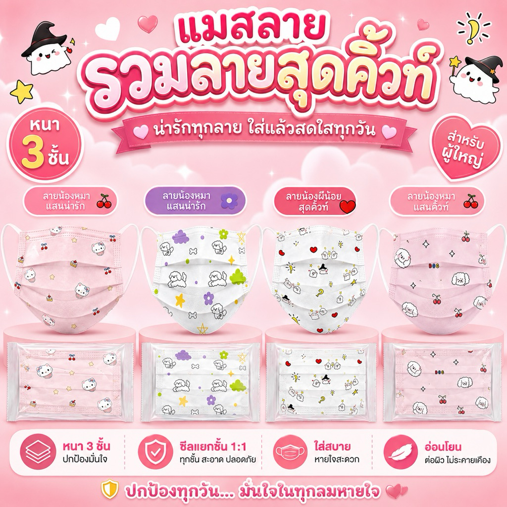 หน้ากากอนามัยผู้ใหญ่ รวมลายสุดคิ้วท์ | 3 ชั้น | ซีลแยกทุกชิ้น | ลายน่ารัก ใส่สบาย