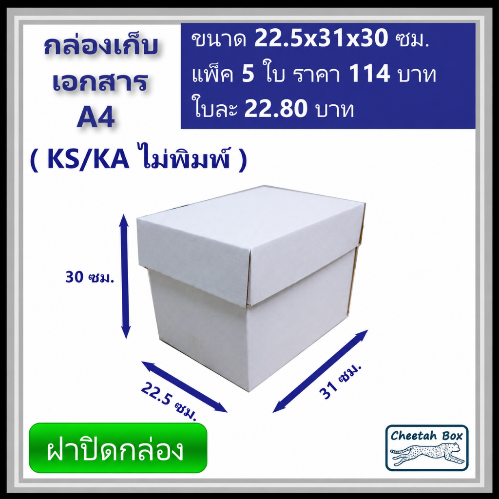 กล่องเก็บเอกสาร A4 ไม่พิมพ์ (Cheetah Box) ลูกฟูก 3 ชั้น ขนาด 22.5W x 31L x 30H cm.