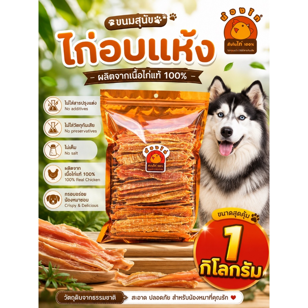 ไก่อบแห้ง ขนมสุนัข ขนมแมว (สติ๊ก) ขนาด 1 กิโลกรัม By Nongkai (ขนาดบรรจุ 500 กรัม * 2 ห่อ)
