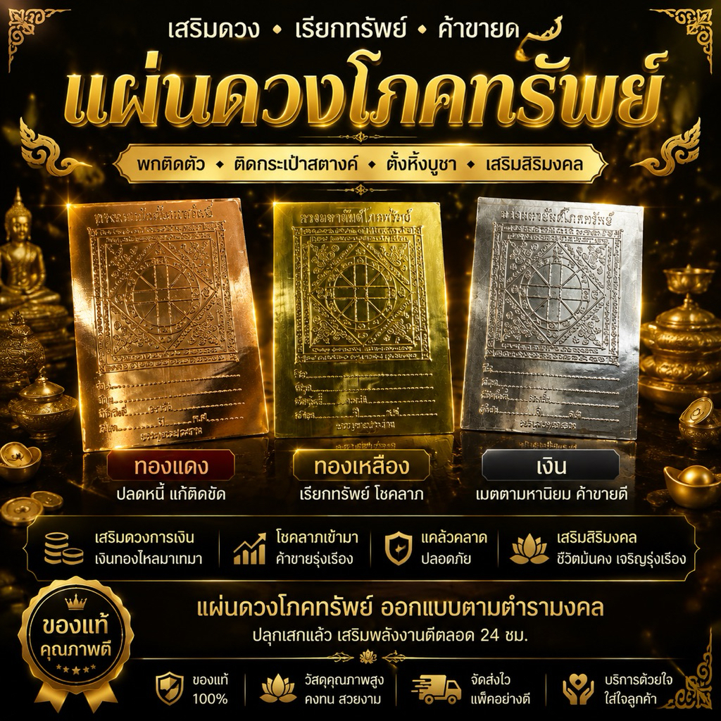 แผ่นดวงโภคทรัพย์ ทองเหลือง ทองแดง เงินอลูมิเนียม บรรจุ100 แผ่น แผ่นเงาสวย