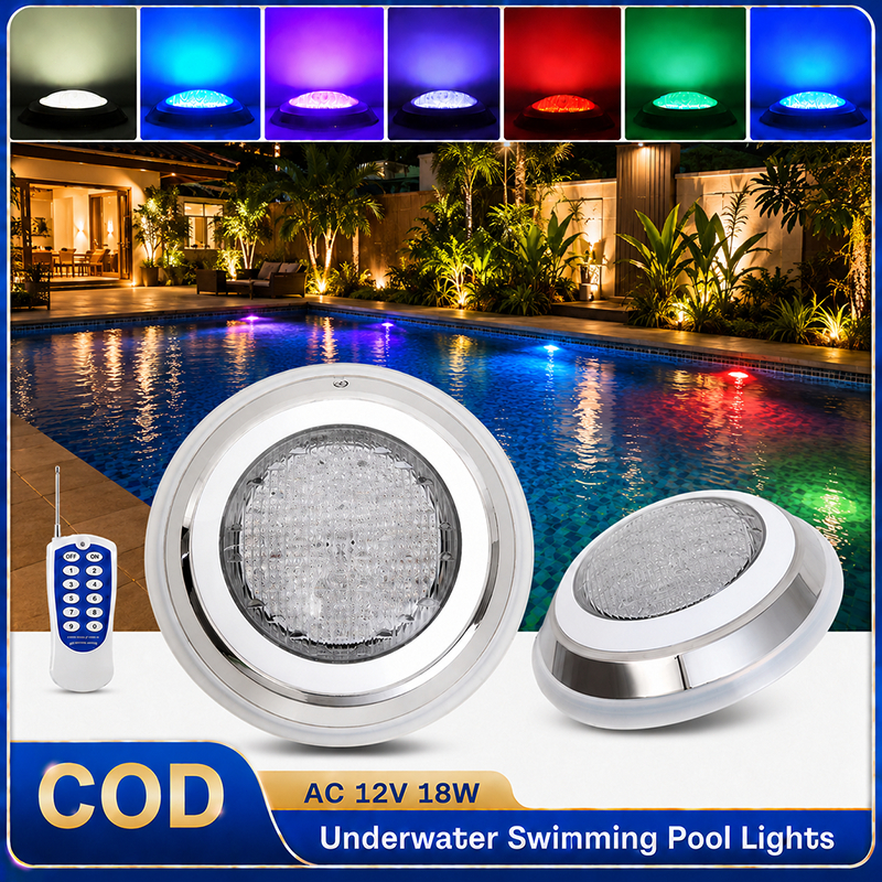ไฟสระว่ายน้ำ LED RGB เปลี่ยนสีได้ AC12V กันน้ำ IP68 ตัวเรือนสแตนเลส 9W 12W 18W พร้อมรีโมตคอนโทรล สำหรับสระว่ายน้ำและบ่อน