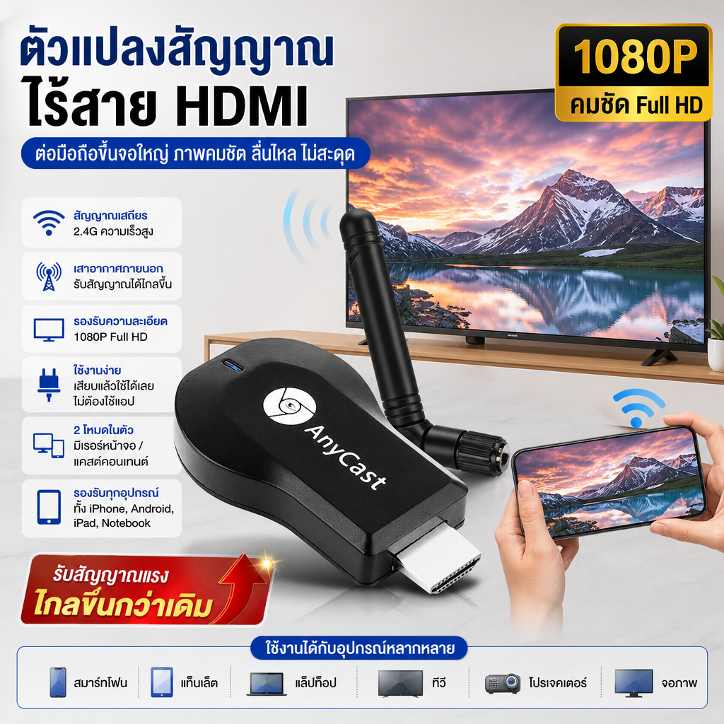 อุปกรณ์แชร์หน้าจอไร้สาย HDMI 1080P เสียบแล้วใช้ได้ ไม่ต้องติดตั้งแอป มีเสาอากาศภายนอก รองรับ Android / iPhone / iPad / P