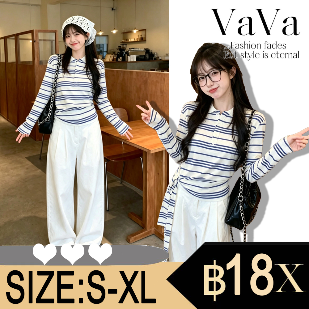 VaVa【ในสต็อก】เสื้อยืดลายทางสีฟ้าและสีขาวสไตล์เกาหลีสำหรับผู้หญิง 2026 ฤดูร้อนใหม่ หลวม แขนสั้น อเนกประสงค์