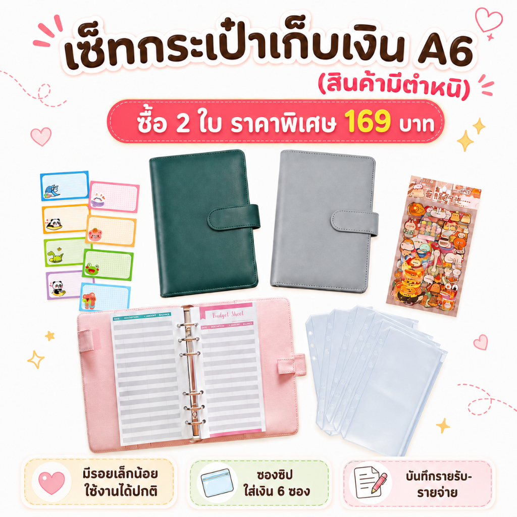 กระเป๋าเก็บเงิน Binder A6 (มีตำหนิ) ใช้งานได้ 100% แถมซองซิปใส่เงิน+สติ๊กเกอร์ (ซื้อคู่ถูกกว่า)