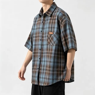 AceMenเสื้อเชิ้ตแขนสั้นลําลอง เสื้อเชิ้ตผู้ชาย ลายสก๊อต ทรงหลวม แฟชั่นฤดูร้อน พร้อมส่ง