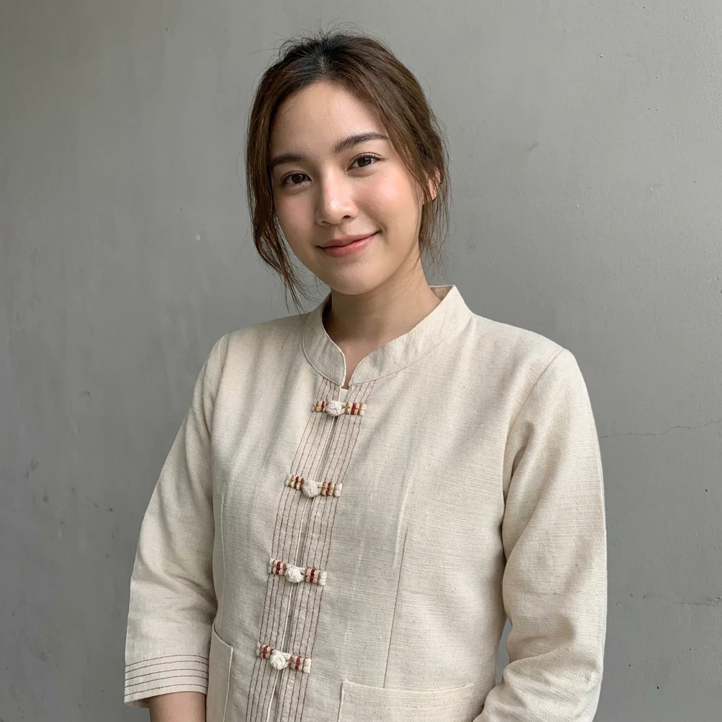 เสื้อผ้าฝ้ายชินมัยผู้หญิง คอจีนไทลื้อผ่าหน้า กระดุมตะกร้อด้นด้ายสีสวยๆ งานเย็บประณีต มาพร้อมงานเดินเส้นที่เป็นเอกลักษณ์