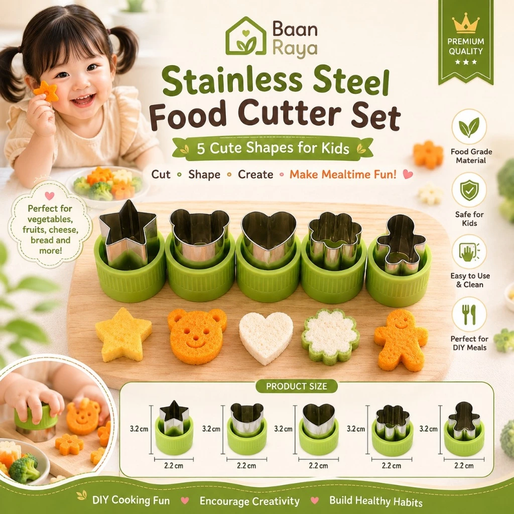 🥕🥦 ชุดแม่พิมพ์ตัดอาหาร สีเขียว ตัดผัก ผลไม้ แซนวิช ขนมปัง Bento BLW DIY Food Cutter Vegetable Fruit Cutter Baan Raya