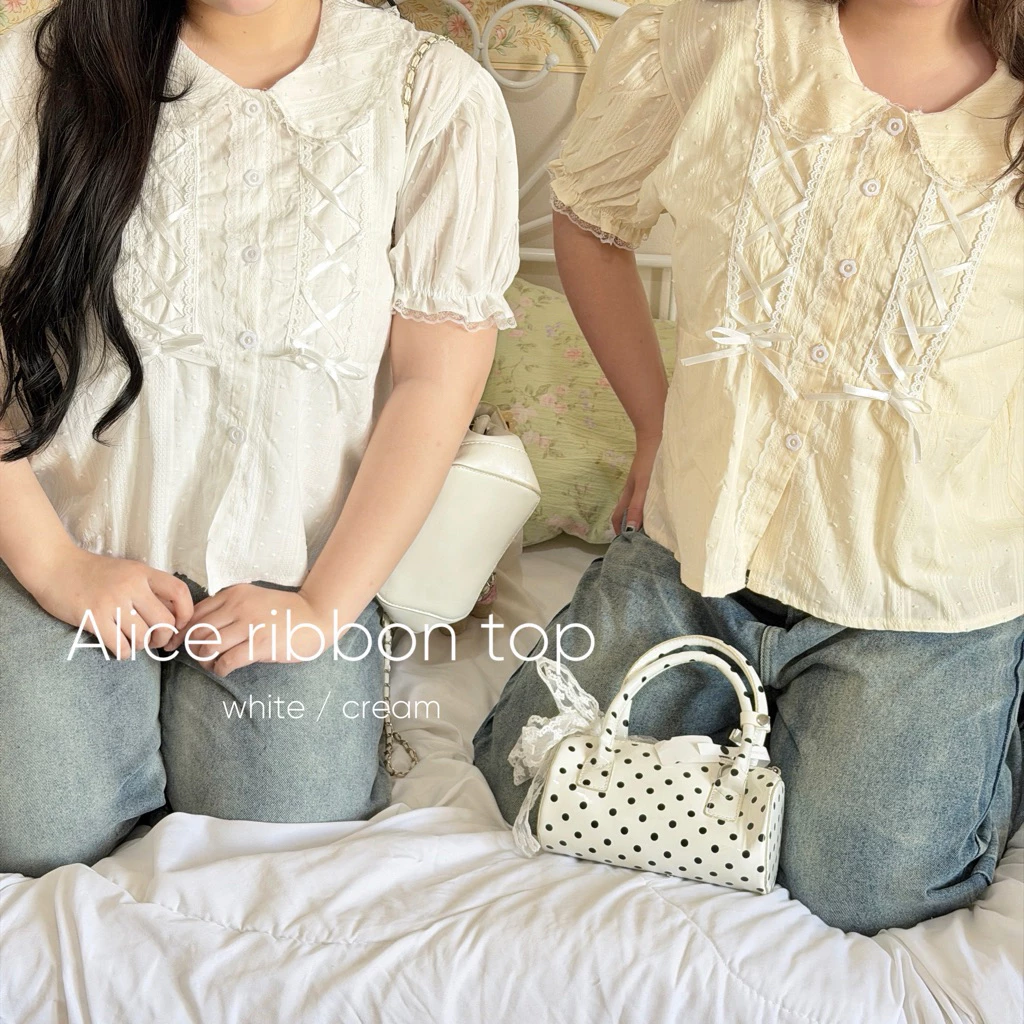 Chubbygirlbkk-Alice ribbon top₊˚⊹ᰔเสื้อเชิ้ตคอบัว แต่งริ้บบิ้น ผ้าคอตตอนฉลุ ผ้านุ่ม ใส่าบาย สาวอวบ