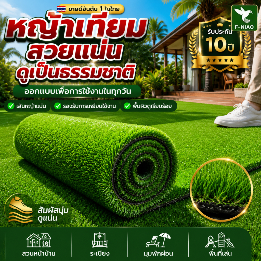 มีกาวหลัง ใช้ได้30ปี หญ้าเทียม ทั้งม้วนไม่มีช่องว่าง หญ้าเทียมปูพื้น หญ้าเทียมปูโต๊ะ หญ้าเทียมยกม้วน หญ้าเทียม 2x2 เมตร