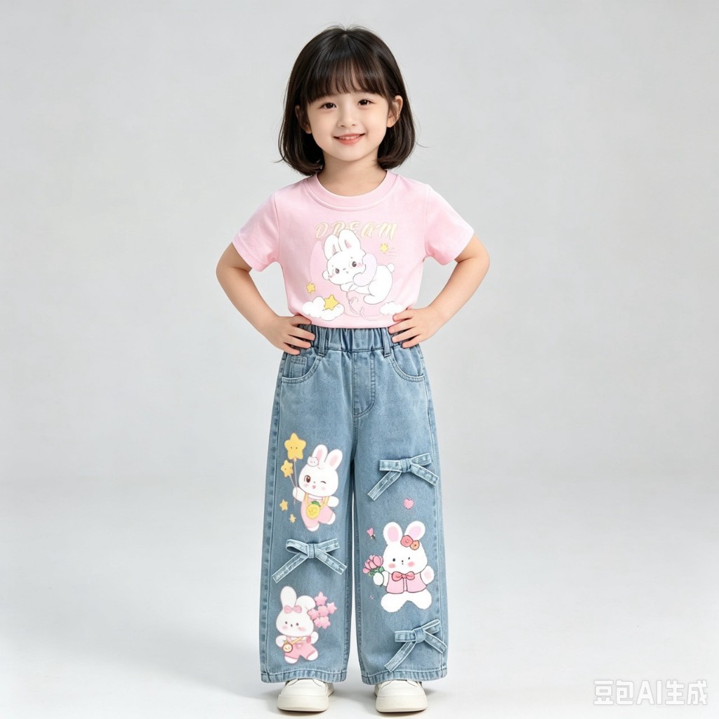 BB366 เช็ตคู่เสื้อยืด + กางเกงยีนส์เด็กผู้หญิง กางเกงขายาวลายการ์ตูนหมีกระต่าย น่ารัก ใส่คู่เสื้อยืด รูปที่ 9