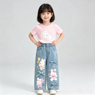 BB366 เช็ตคู่เสื้อยืด + กางเกงยีนส์เด็กผู้หญิง กางเกงขายาวลายการ์ตูนหมีกระต่าย น่ารัก ใส่คู่เสื้อยืด