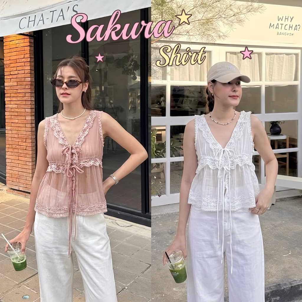 SAKURA SHIRT (สีจริงรูปสุดท้าย) เสื้อกล้ามทรงครอปแต่งระบายลูกไม้ สุดคิวท์!